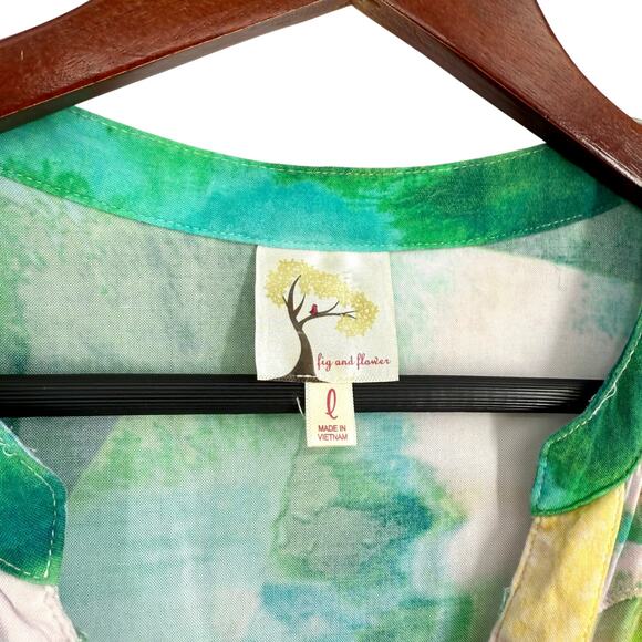 Anthropologie Fig & and Flower Large Pink Green Tropical Beach Blouse Shirt Top - Picture 2 of 8